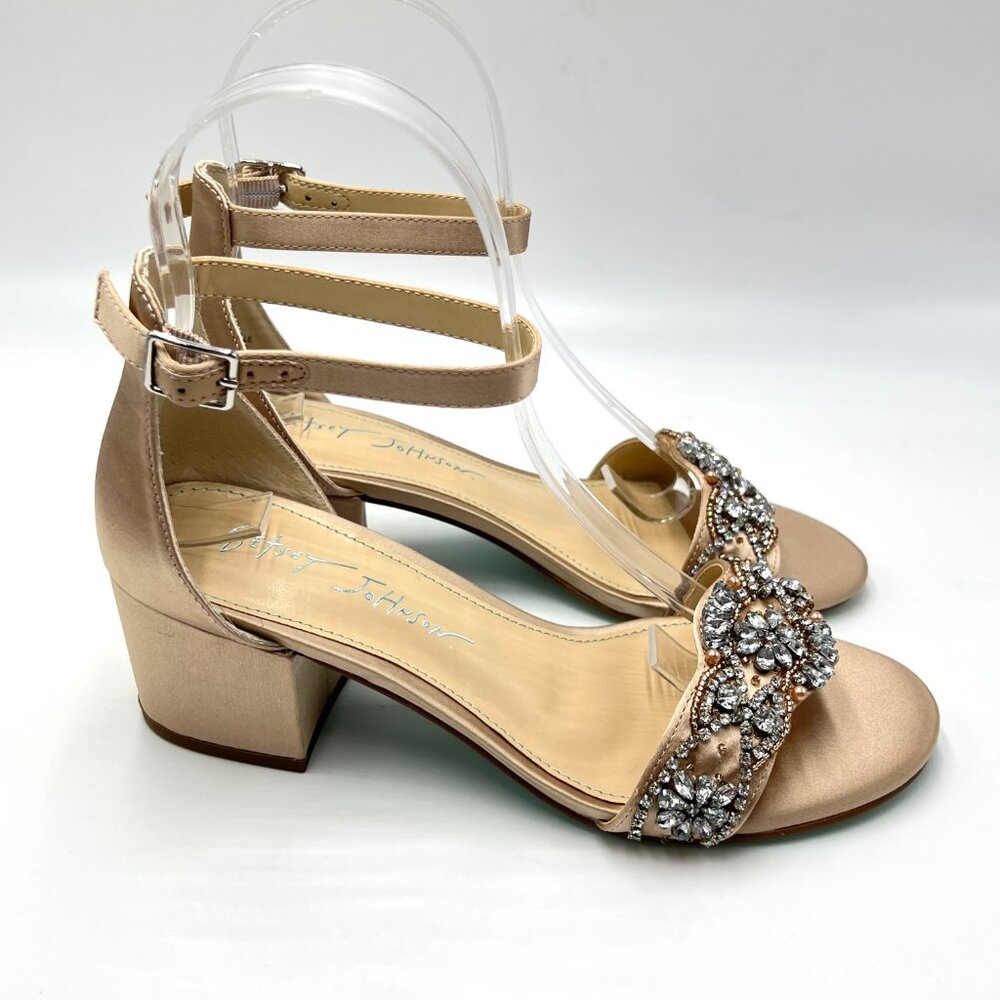 Betsey Johnson Size 5.5 Mel Champagne Satin Low Block Heels Dress Sandals Shoes‎